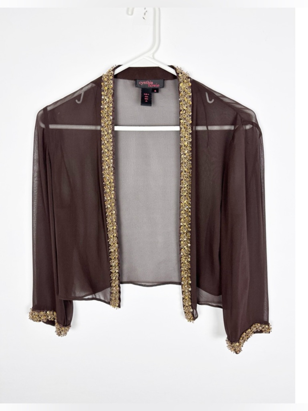 Cynthia Howie Cardigan Size 6 Open Front Cropped Silk Brown Beaded